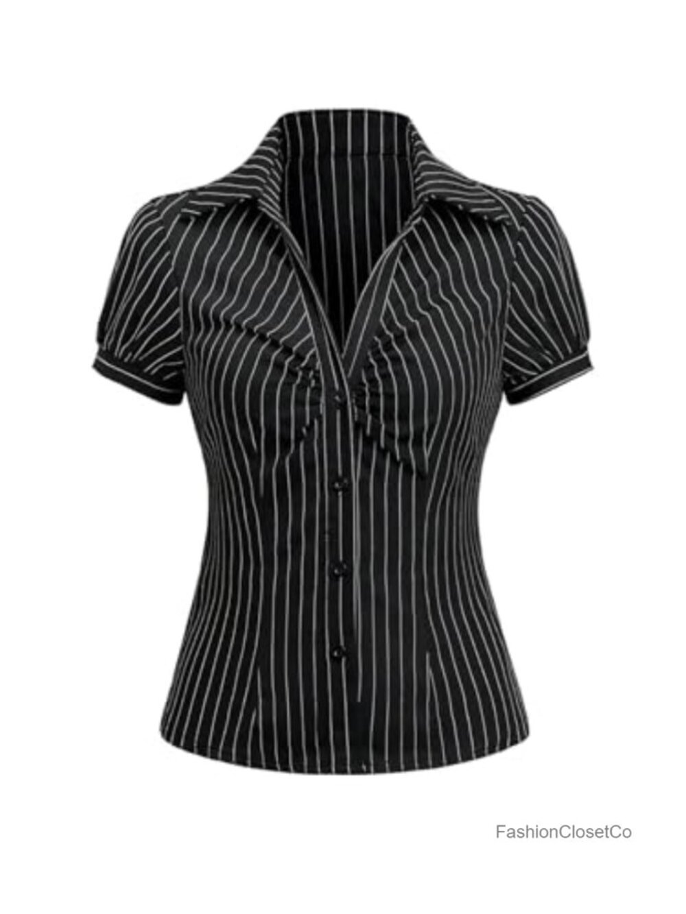 Striped Button Down Short Sleeve Fitted Blouse